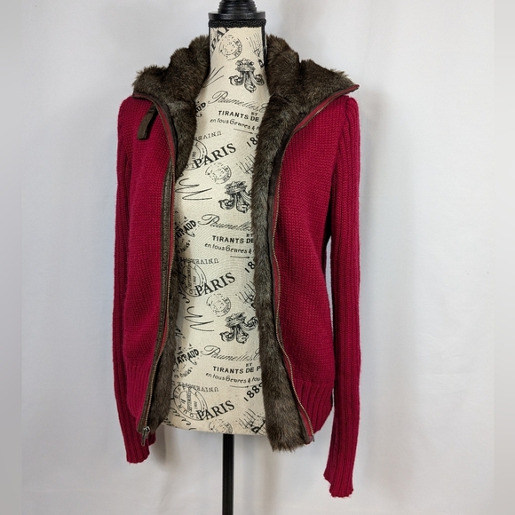 Orvis Faux Fur Lined Wool Blend Zip Up Red Pink Women's Small Knit Sweater A016 - Picture 3 of 15